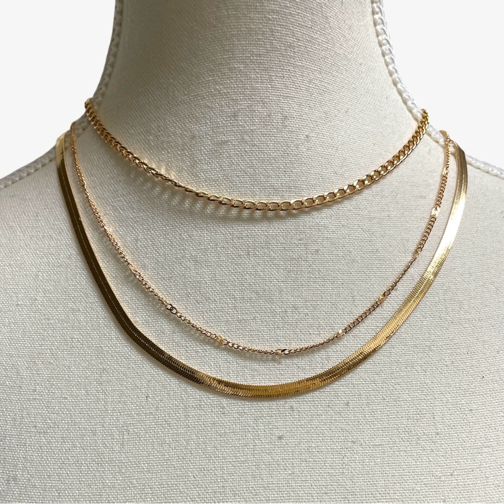 3-Layer Gold-Tone Chain Necklace Set – Cuban, Curb & Herringbone Chains NWT